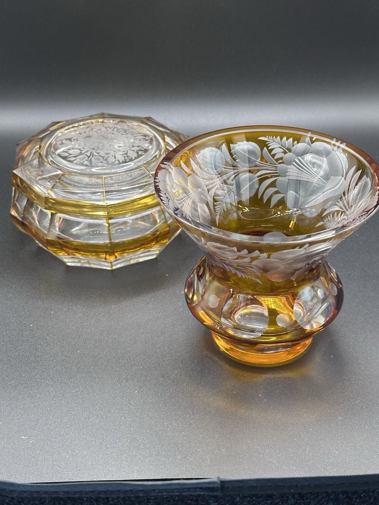 Hand Cut Cased Crystal 2 Piece Set Small Vase And Covered Box Rare And Unique!