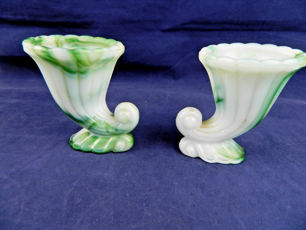 AKRO-AGATE #765 CORNUCOPIA TOOTHPICK HOLDER GREEN/WHITE SLAG GLASS, SET OF 2