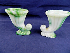 AKRO-AGATE #765 CORNUCOPIA TOOTHPICK HOLDER GREEN/WHITE SLAG GLASS, SET OF 2