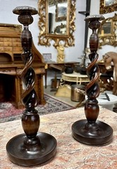 Antique Style LARGE 14″ TALL Carved Wooden Barley Twist Candlesticks with Bronze