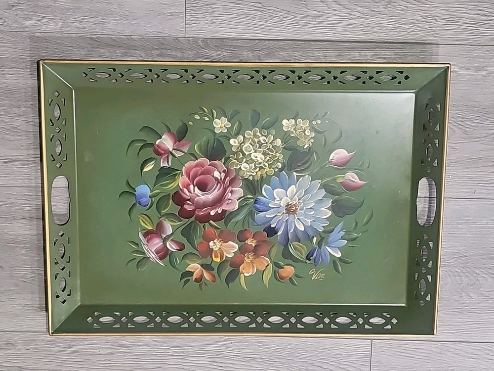Large Vintage Hand Painted Toleware Tray Black Reticulated Floral Signed 50s 60s