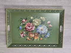 Large Vintage Hand Painted Toleware Tray Black Reticulated Floral Signed 50s 60s