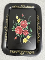 Vintage Black Metal Serving Trays Set of 6 Hand Painted Floral Rose Toleware Art