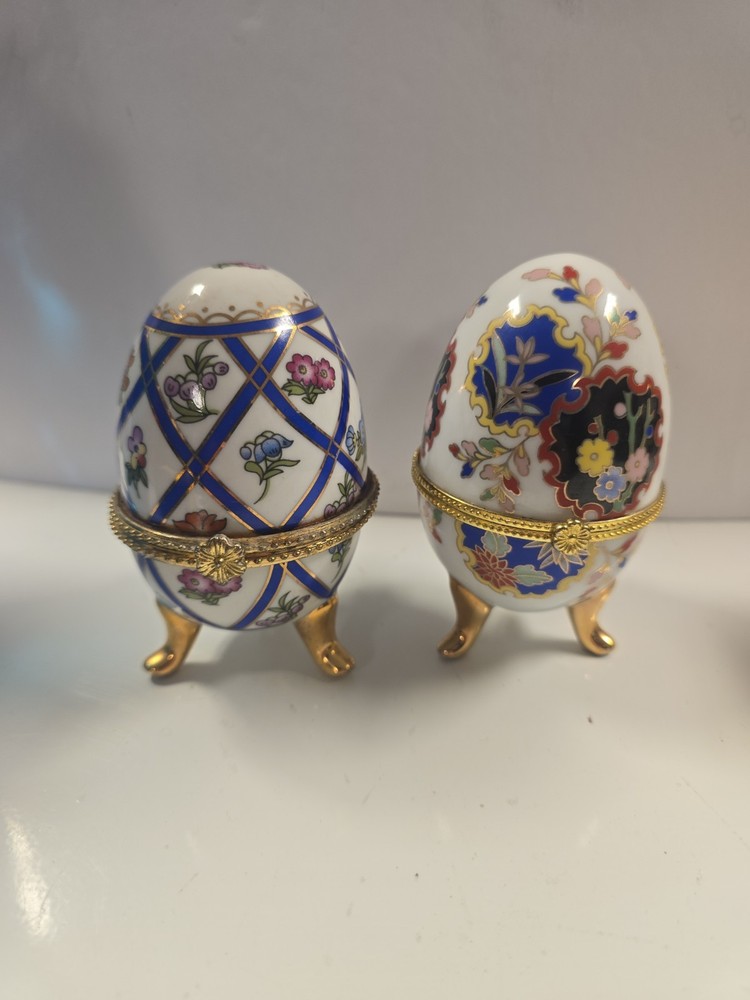 4in Unbranded Handcraft Egg-Shaped Porcelain Footed Floral Trinket Box Set Of 2