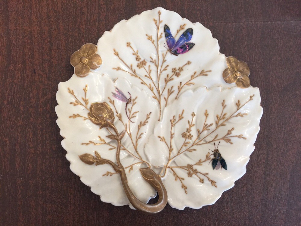 Antique Theodore Haviland HANDPAINTED Sculptural Leaf Plate