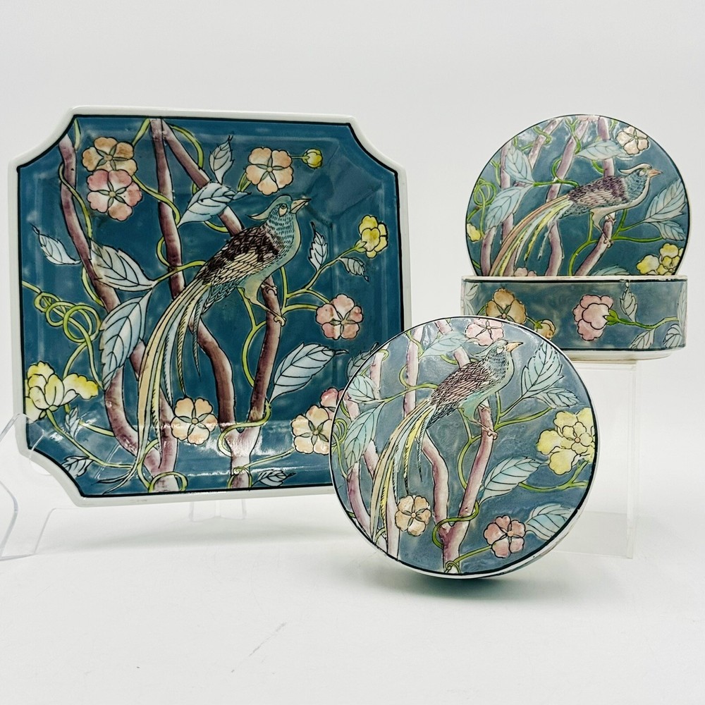 Vintage WBI Chinoiserie Partridge 3 Pc Set – Plate & 2 Trinket Bowls w/ Lids