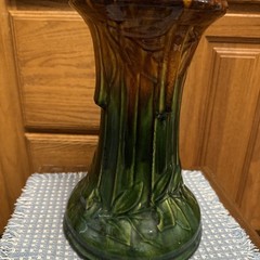 Majolica Pedestal Ceramic Plant Stand Art Nouveau Green Brown 13.25x7x8.75”
