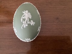 Vintage Wedgwood 4” Sage Green Egg Trinket Box Jasperware Cherub on Branch