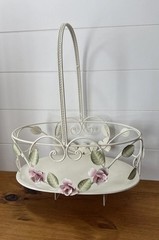 Vintage Tole Style Rose Basket Metal Shabby Chic Cottage Decor