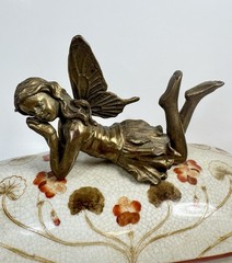 Hung Hei Trinket Box Dresser Fairy Angel Handle Art Nouveau Style Ceramic 9”