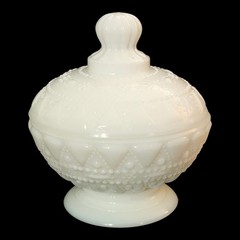 Antique Victory Glass Inc Milk Glass Covered Dish Lace and Dewdrops Pattern EC