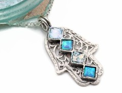 Roman Glass Hamsah Hand Sterling Silver925 Pendent Antiq Ancient Fragment 200 BC
