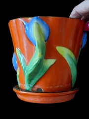 🐦🌷Beautiful Vintage Orange 3D Bird & Tulips Hand Painted Planter Gold Castle