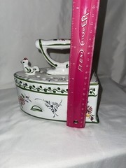 Vintage Hand Painted Portugal Ceramic Iron w/ Chicken Farmhouse Deco Figurine