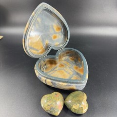 Vintage Hand Made Carved Jasper Heavy Stone Marble Heart Trinket Holder W Hearts