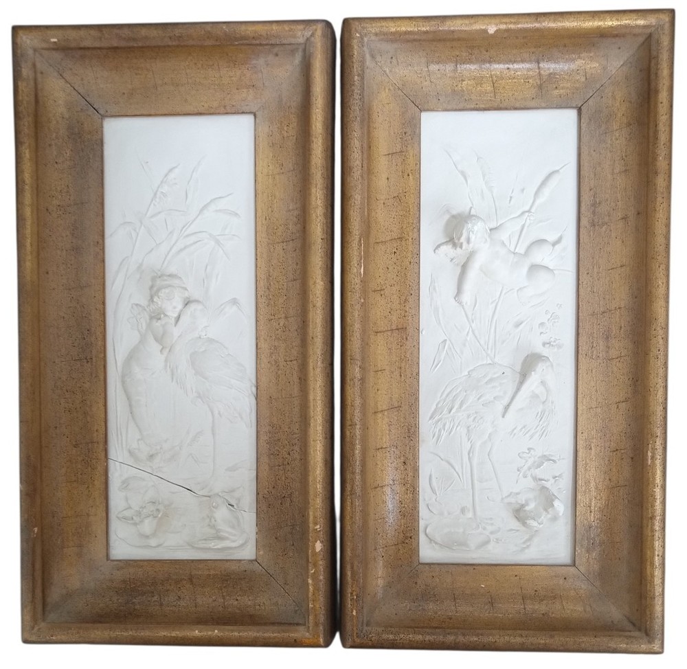 Bas Relief Cherubs & Cranes Framed Sculpted Pictures 7″x14″ Vintage Decorative