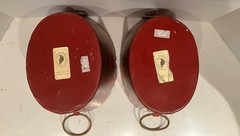 VTG RARE PAIR RED/GOLD CHINOISERIE TOLE CACHE POTS, GOLT GILT HOLLYWOOD REGENCY