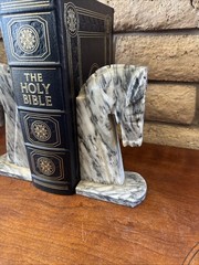 Vintage Pair Carved Stone Marble Horse Head Book Ends Mexico Felt Bottoms