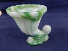 AKRO-AGATE #765 CORNUCOPIA TOOTHPICK HOLDER GREEN/WHITE SLAG GLASS, SET OF 2
