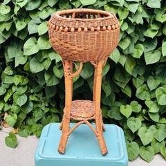 Vintage Wicker Plant Stand With Basket Top Lower Shelf Bead Accents 27″ MCM Boho