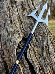 Handmade Poseidon Trident 60” Steel Spear Leather Wrapped Handle Cosplay Prop