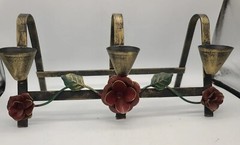 Vintage Candelabra Tole Cast Iron Hand Painted 3 Candlestick Holders Flowers