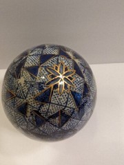 VTG Hand Painted Cloisonne Egg Blue Gold White Floral Geometric Design