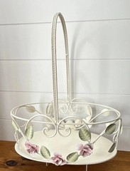 Vintage Tole Style Rose Basket Metal Shabby Chic Cottage Decor