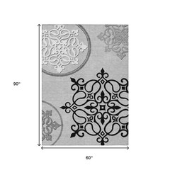 5′ X 8′ Gray Black And White Floral Medallion Washable Rug