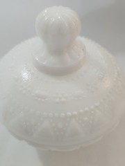 Antique Victory Glass Inc Milk Glass Covered Dish Lace and Dewdrops Pattern EC