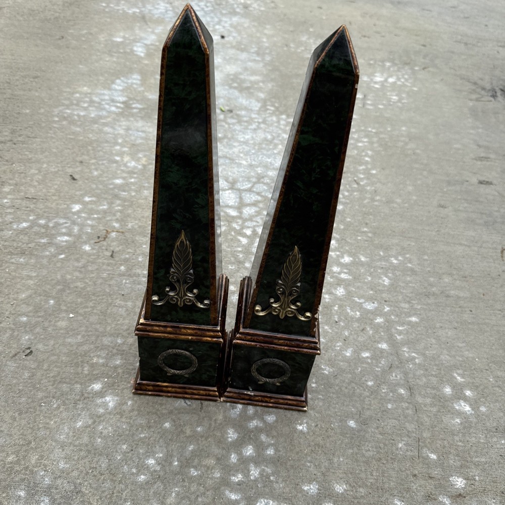 Vintage Neoclassical Green & Brass Obelisks Art Decor