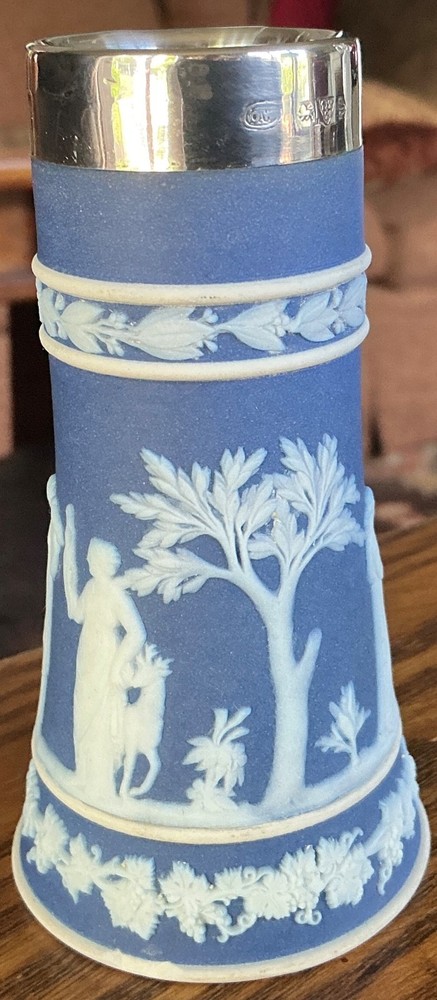 Antique Wedgwood Blue Basalt Jasperware Silver Rim Vase