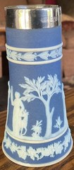 Antique Wedgwood Blue Basalt Jasperware Silver Rim Vase