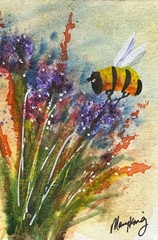 Watercolor ACEO Original Painting by Mary King – Bee and Flowers