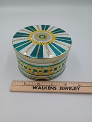 Vintage Art Deco 1930s Colorful Tin Container Round Storage Teal Yellow Silver