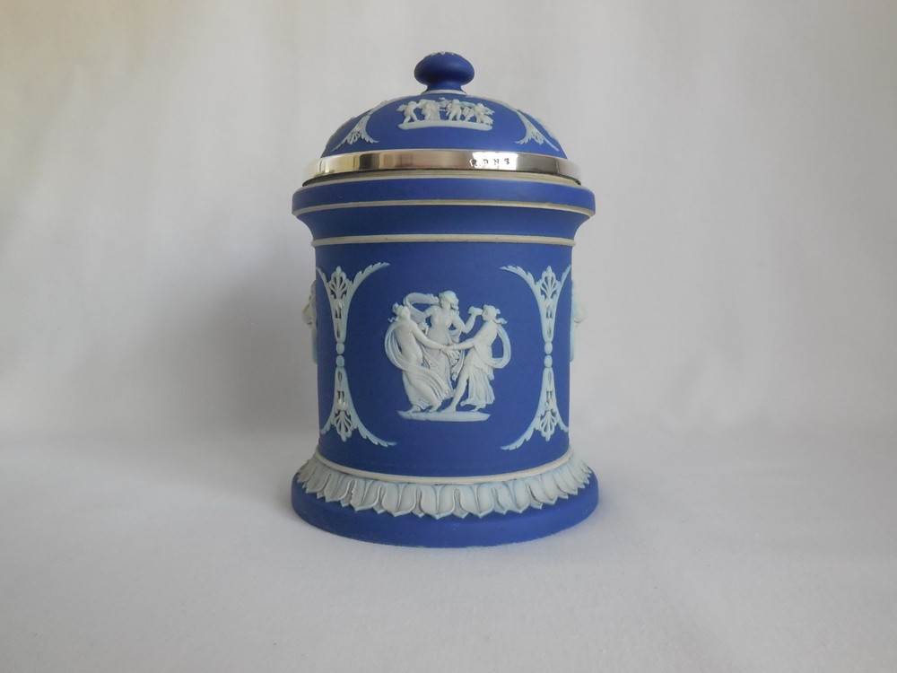 Antique Wedgwood (only) Blue Dip Jasperware & Silver Plate 6″ Tall Tobacco Jar