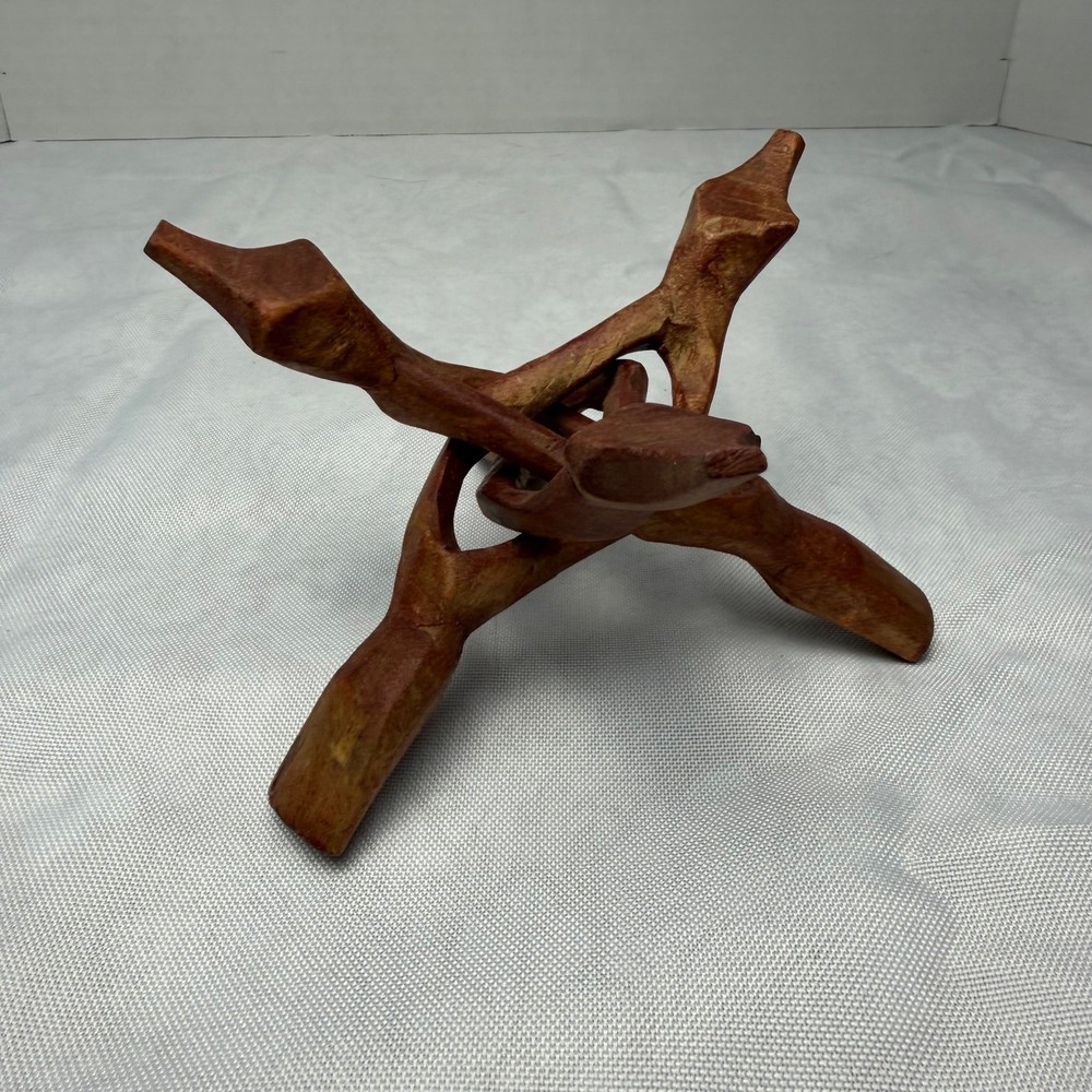 Hand Carved Interlocking Wood Folding Display Stand Small Tripod Puzzle Stand