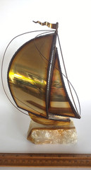 Vintage Signed John Demott Metal Sailboat Sculpture On Onyx Base *9.5″