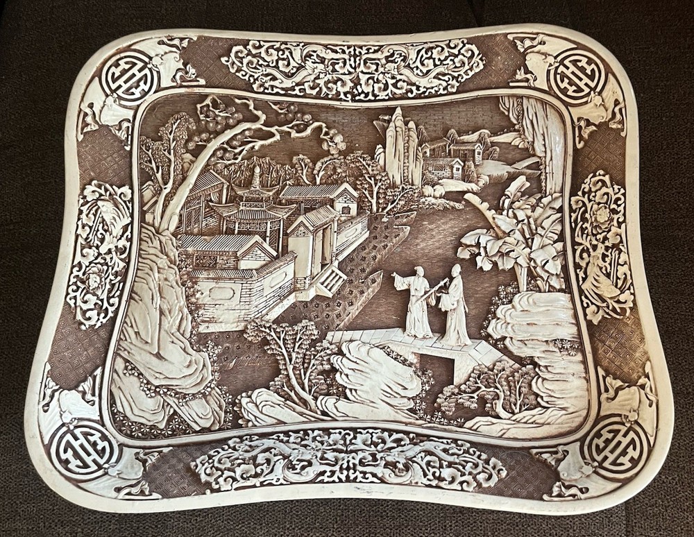 Vintage Resin Dynasty Relief Carved Tray Decor Arnart Imports 1982 11″x13