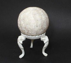 Vintage Display Stand White Cast Metal Sphere Orb Holder Elephant Heads