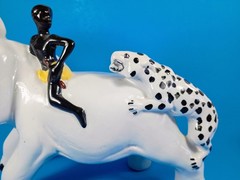 Man Riding Elephant As Jaguar Attacts Ceramic Figure. Made in Brazil. 12″x8″x5″
