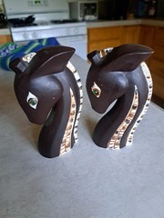 MCM Vtg SALT & PEPPER shakers Brown MOSAIC Giraffe Head JAPAN Relco Chess Piece