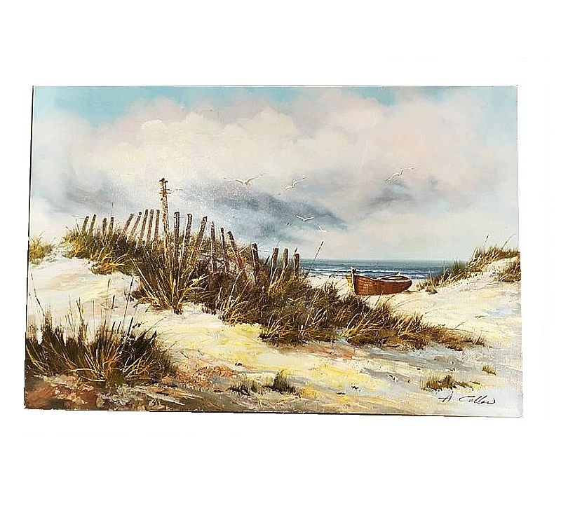 Vintage oil painting. Classic seascape by A. Callas.Carolina dunes. 24″ X 36″.