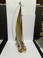 DEMOTT Signed Brass Sailboat On Onyx Base Sculpture Mid Century Modern 15” Tall