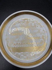 2 Vtg Porcelain Porsgrund Norway Viking Ships 4″ Mini Plate Trinket Dish Coaster