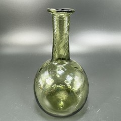 Green Hand Blown Art Glass Vase Bottle With Optic Swirl Hand Made Glassware VTG