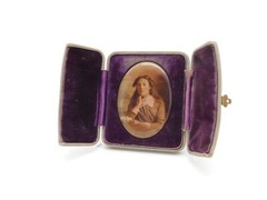 Edwardian Travelling Frame with Porcelian Plaque Depicting Young Girl c1910