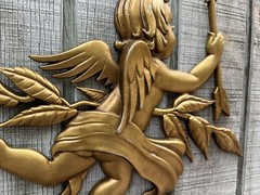 Rare 1960s Vintage Sexton Gold Painted Metal Cherub Angels Set of 2 Wall Decor