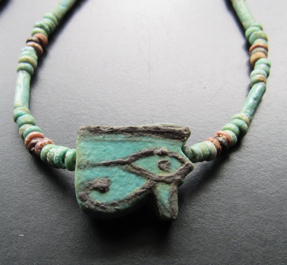 NILE Ancient Egyptian Eye of Horus Amulet Mummy Bead Necklace ca 600 BC