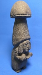 PRE-COLUMBIAN MIXTEC BASALT MUSHROOM STANDING FEMALE SHAMAN FIGURE